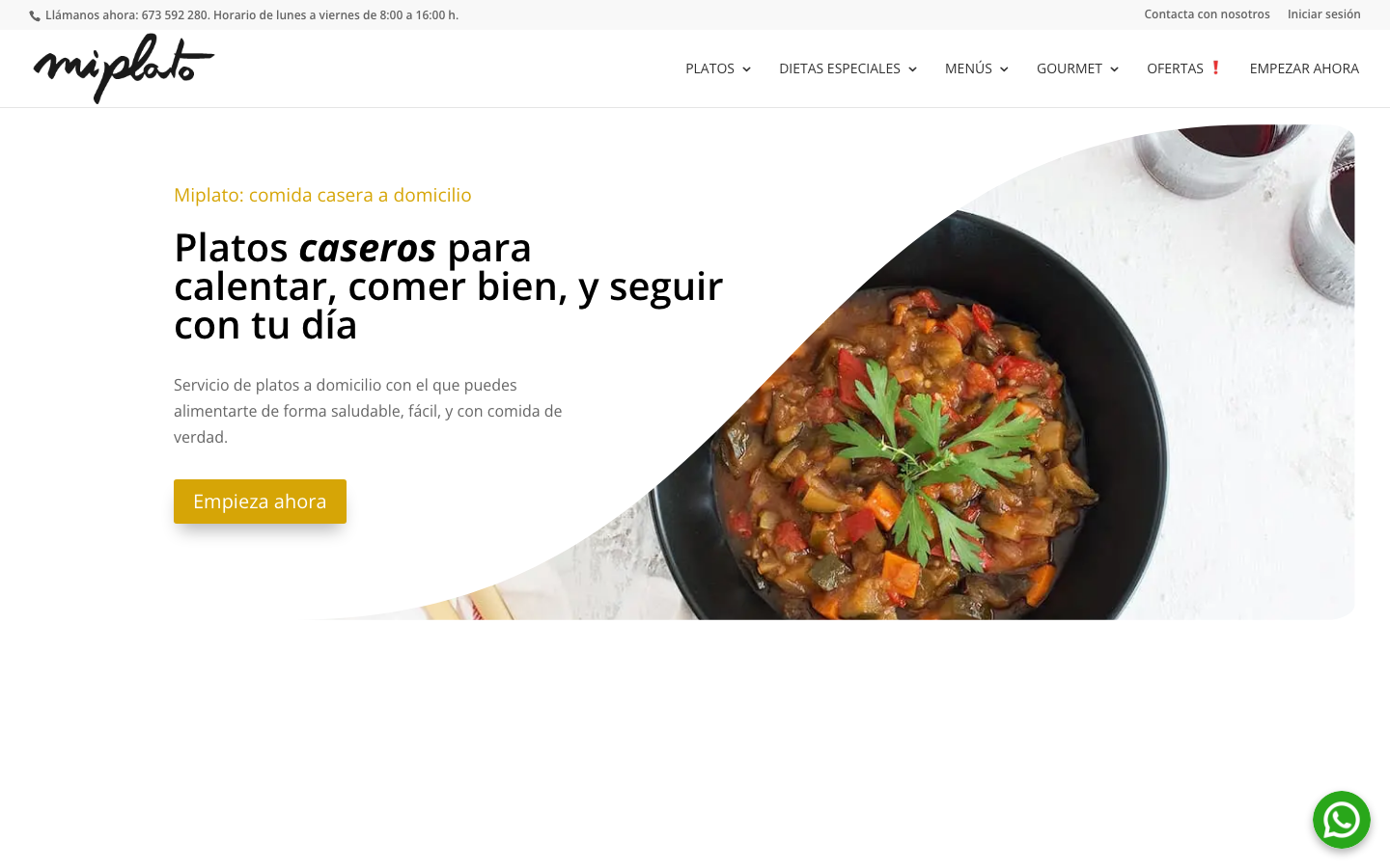 Página de inicio de Miplato, comida casera a domicilio