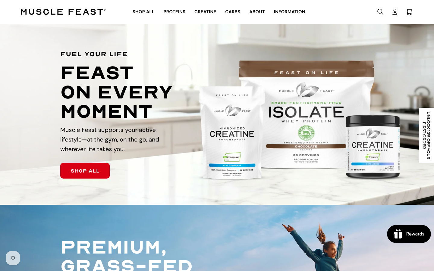 Muscle Feast homepage showing its Micronized Creatine and Creapure-labeled Creatine Monohydrate