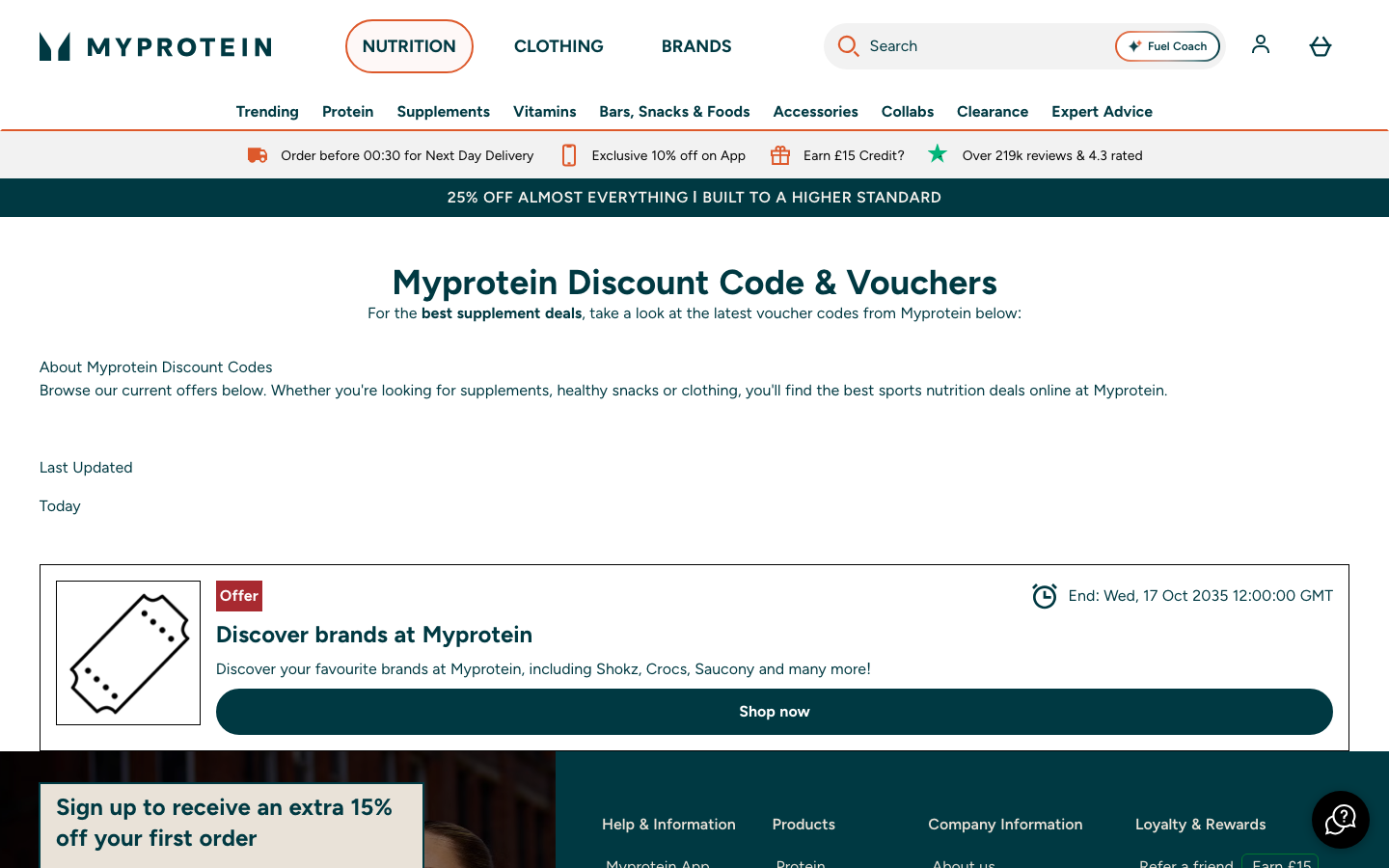 Screenshot of MyProtein UK official voucher codes page showing the current 25% off sitewide sale, app-exclusive 10% off and 15% off newsletter signup offer