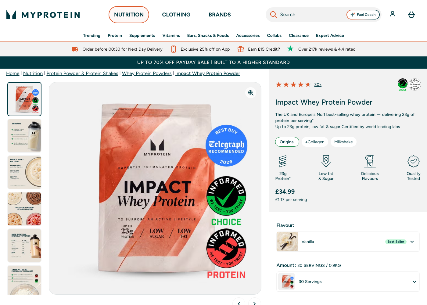 Skærmbillede af MyProtein Impact Whey Protein produktside med pris og protein-info