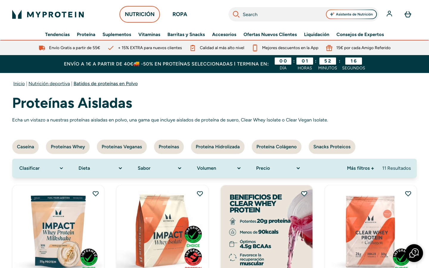Categoria de proteinas aisladas en myprotein.es mostrando Impact Whey Isolate con certificacion Informed Choice