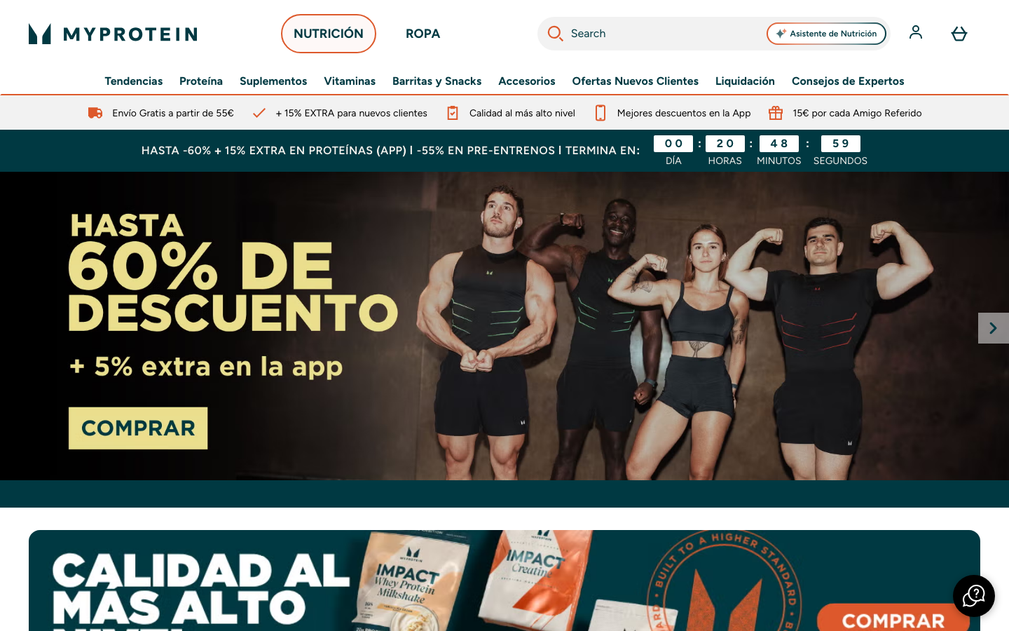 Pagina de inicio de MyProtein Espana, tienda oficial de creatina myprotein