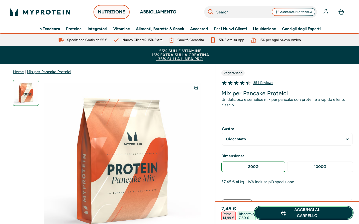 Pagina prodotto ufficiale MyProtein del Mix per Pancake Proteici, prezzo 7,49 euro, 354 recensioni, formati 200g e 1000g