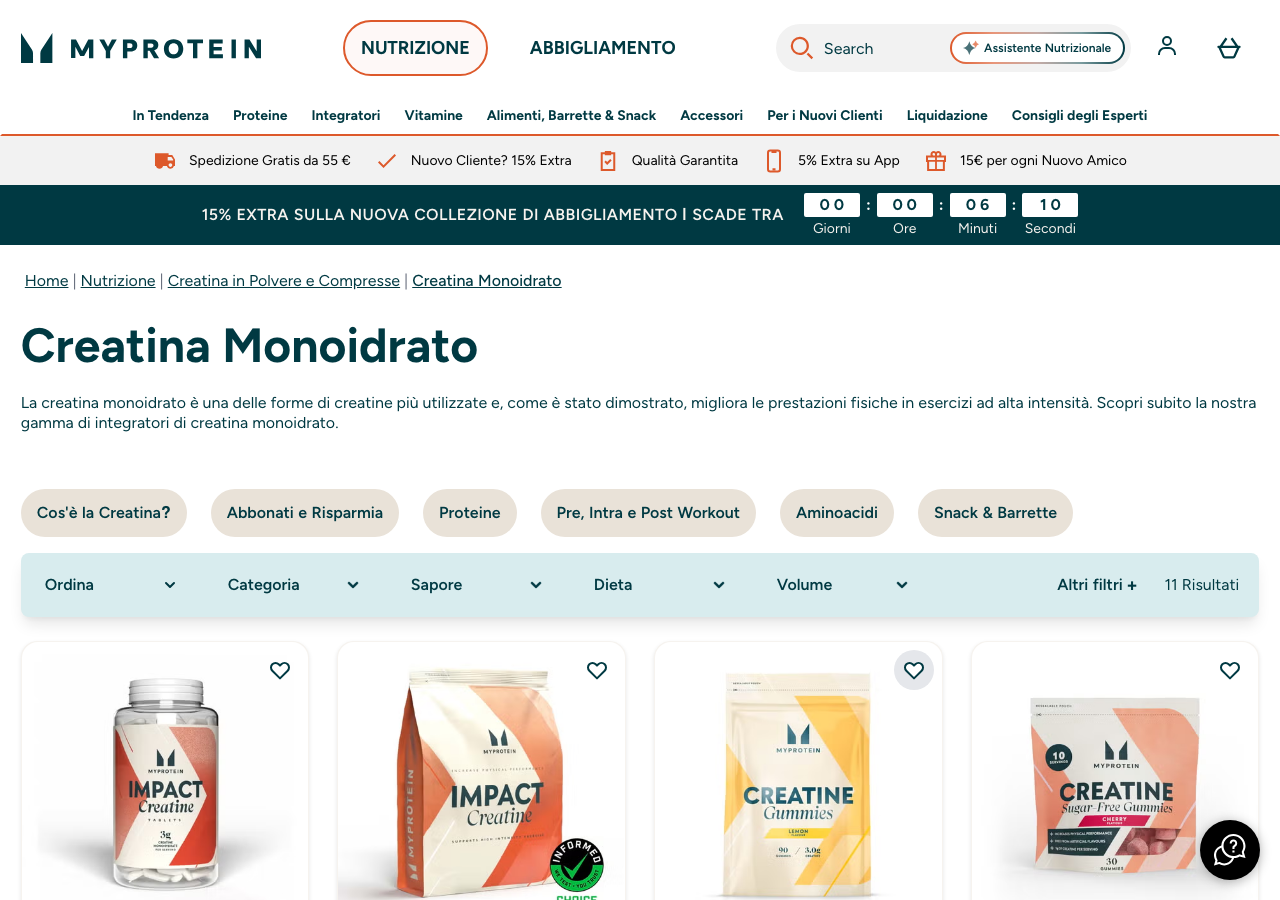 Screenshot della pagina Creatina Monoidrato su myprotein.it