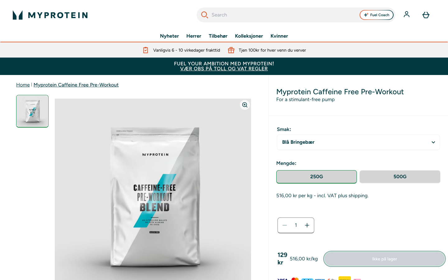 Myprotein Caffeine Free Pre-Workout, pris 129 kr, ikke på lager på verifiseringstidspunktet