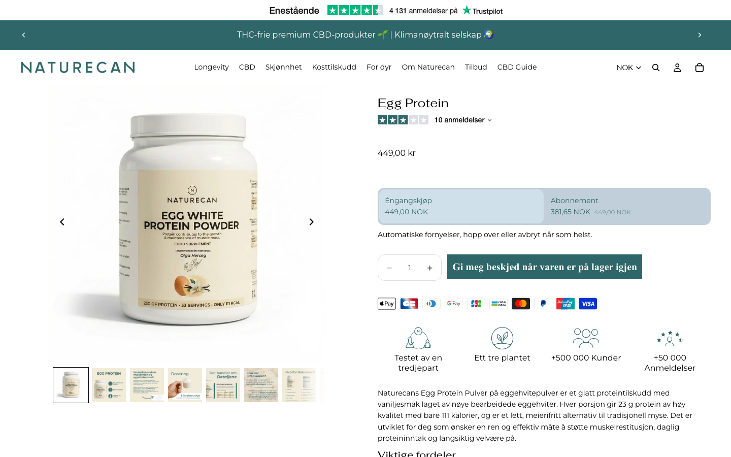 Naturecan Egg Protein produktside med pris og næringsinnhold
