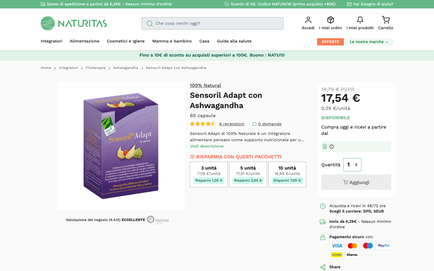 Pagina prodotto Sensoril Adapt con Ashwagandha di 100% Natural su Naturitas.it con prezzo 17,54 euro