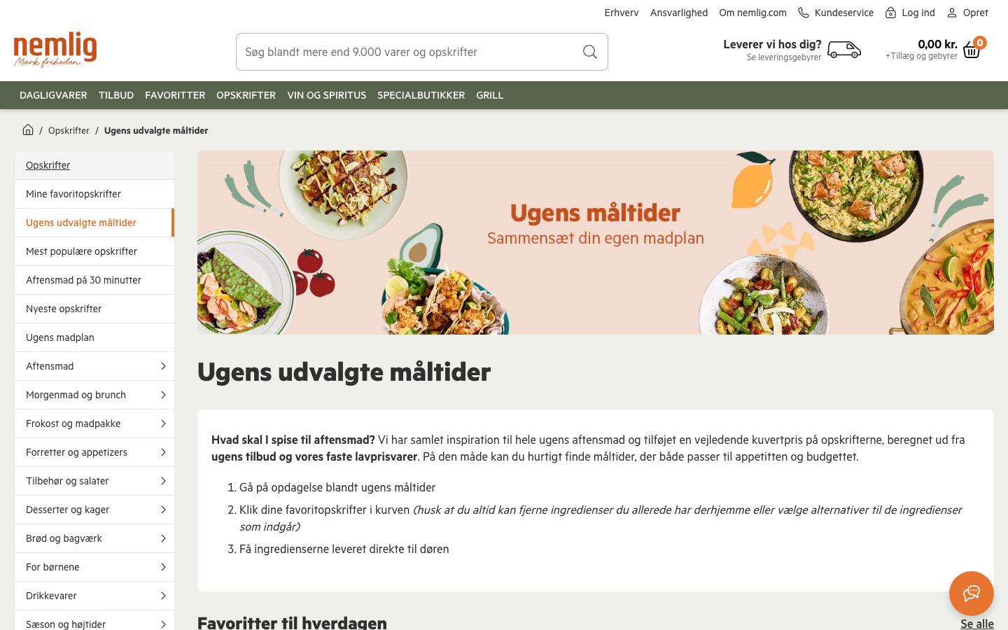 Nemlig.coms side til at bygge egen madplan uden abonnement