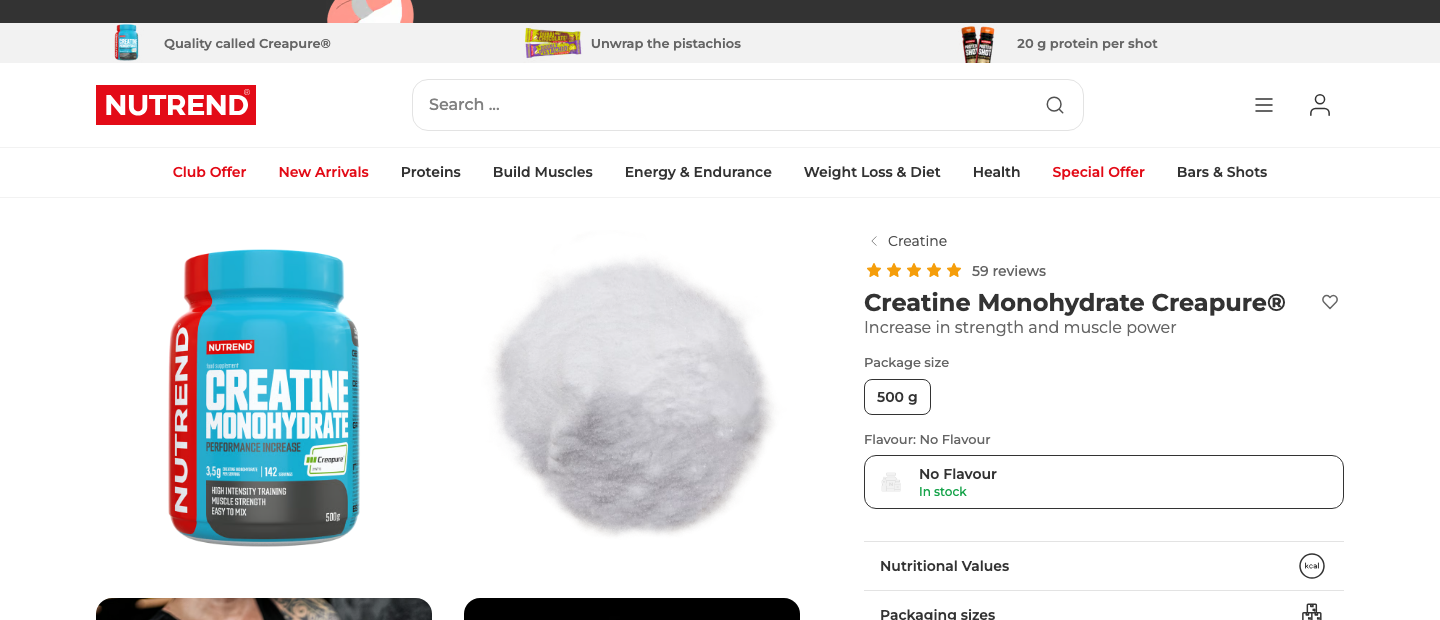 Produktseite von Nutrend Creatine Monohydrate Creapure