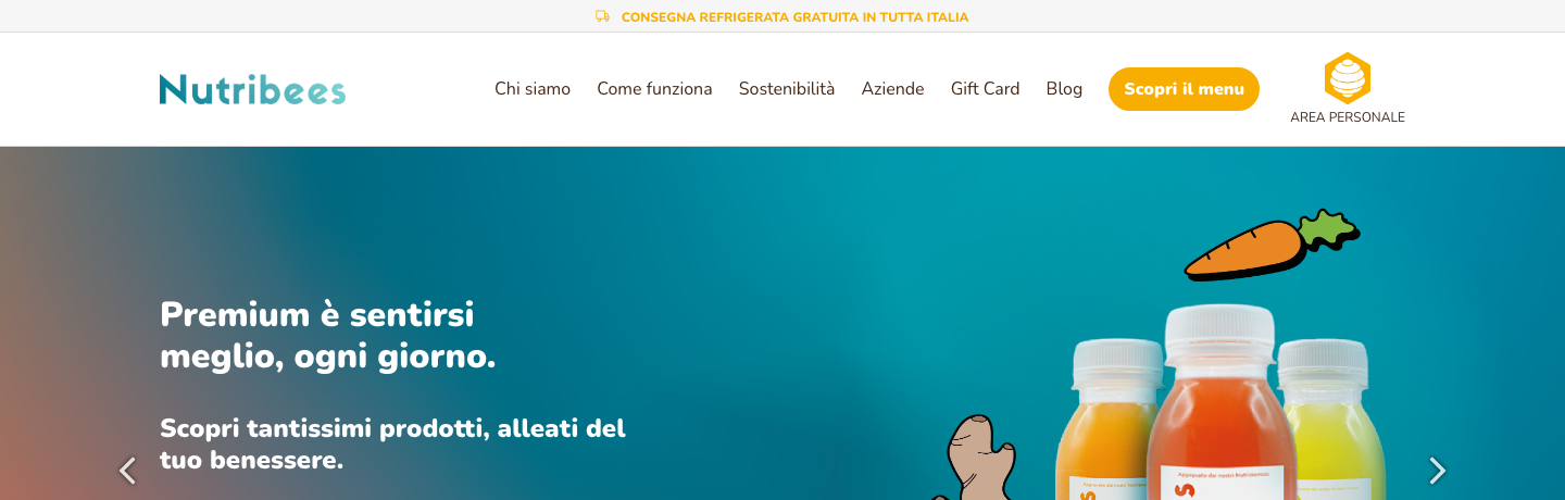 Homepage ufficiale di NutriBees con il banner di consegna refrigerata gratuita in tutta Italia