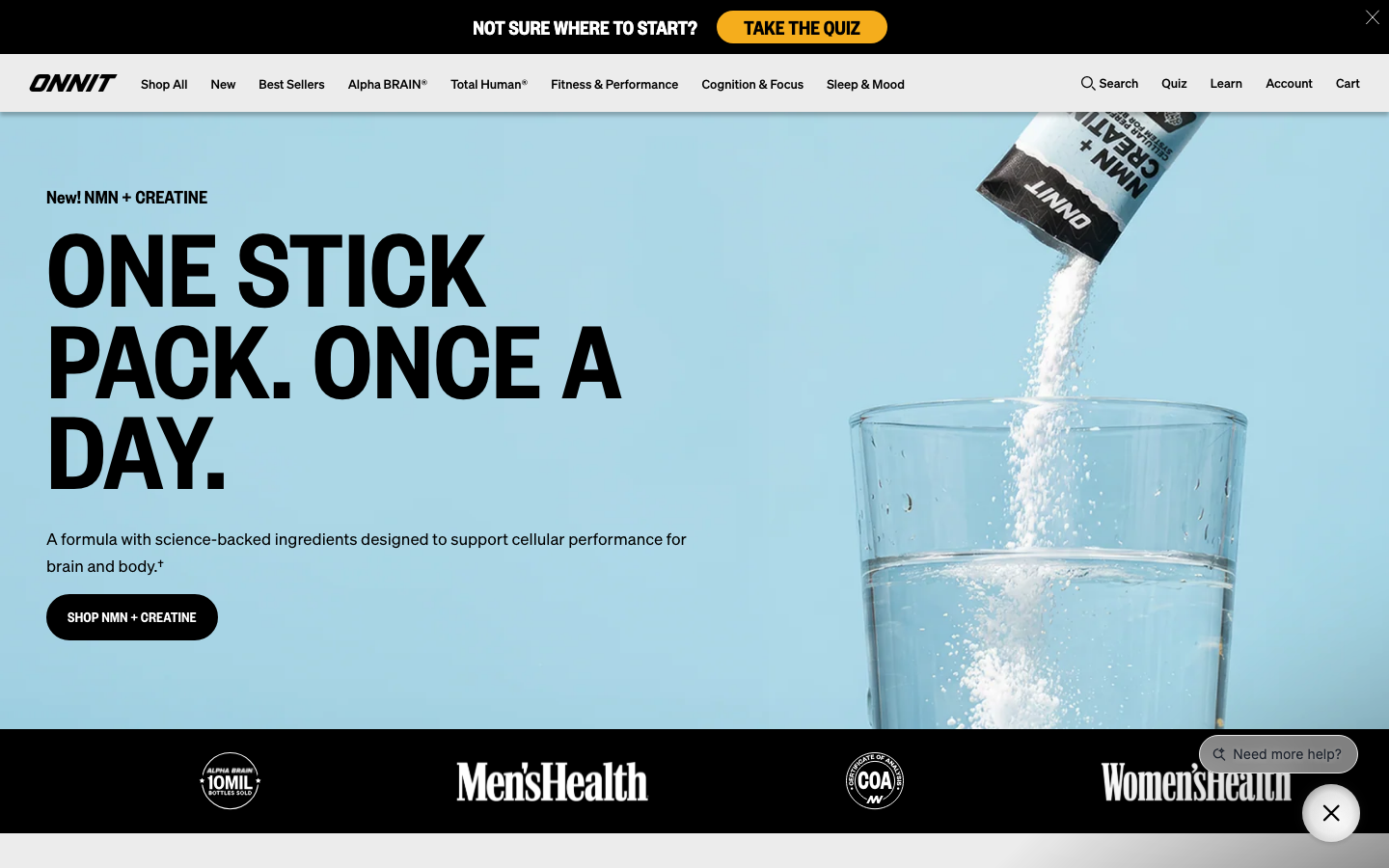 Onnit homepage showing its NMN + Creatine stick pack formula