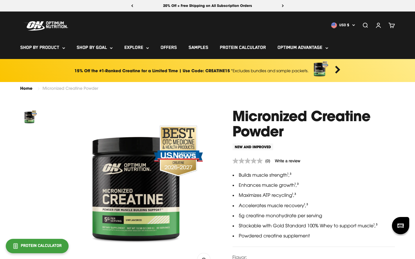 Produktseite von Optimum Nutrition Micronized Creatine Powder