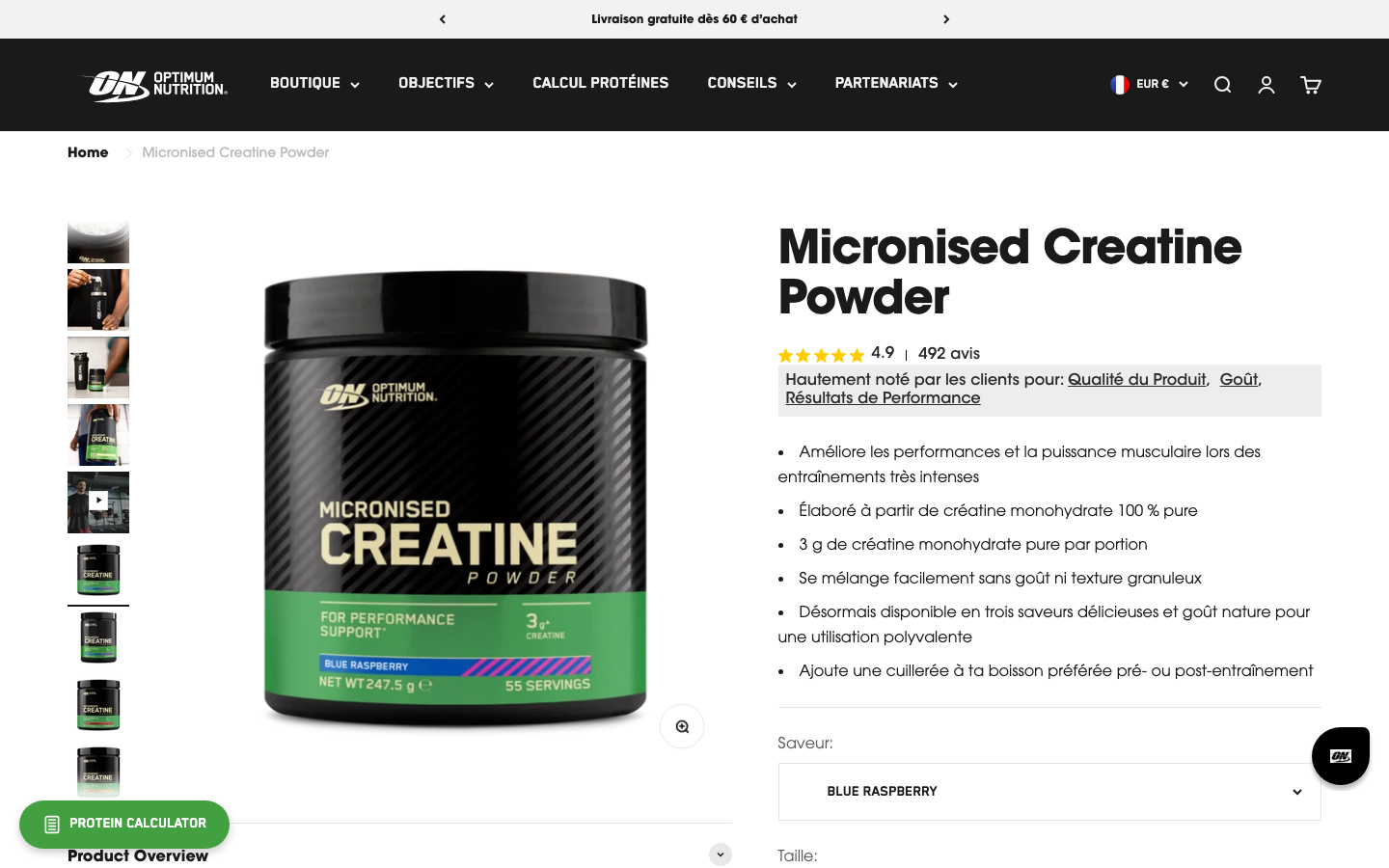 Page produit Optimum Nutrition Créatine micronisée sur le site officiel français, format 247,5 g Blue Raspberry