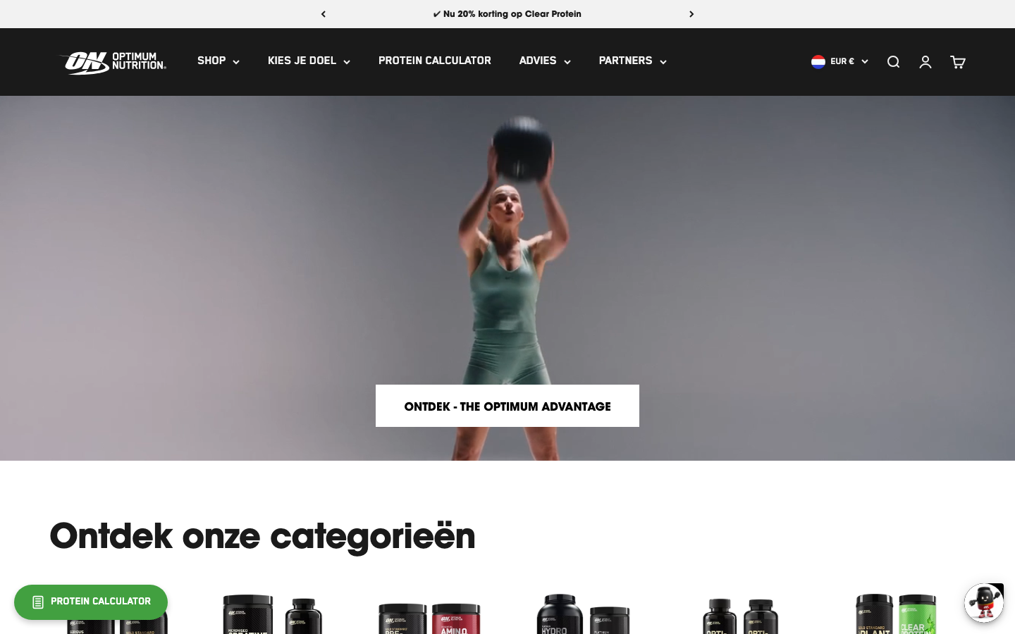 Homepage van optimumnutrition.com/nl-nl, met Gold Standard Whey