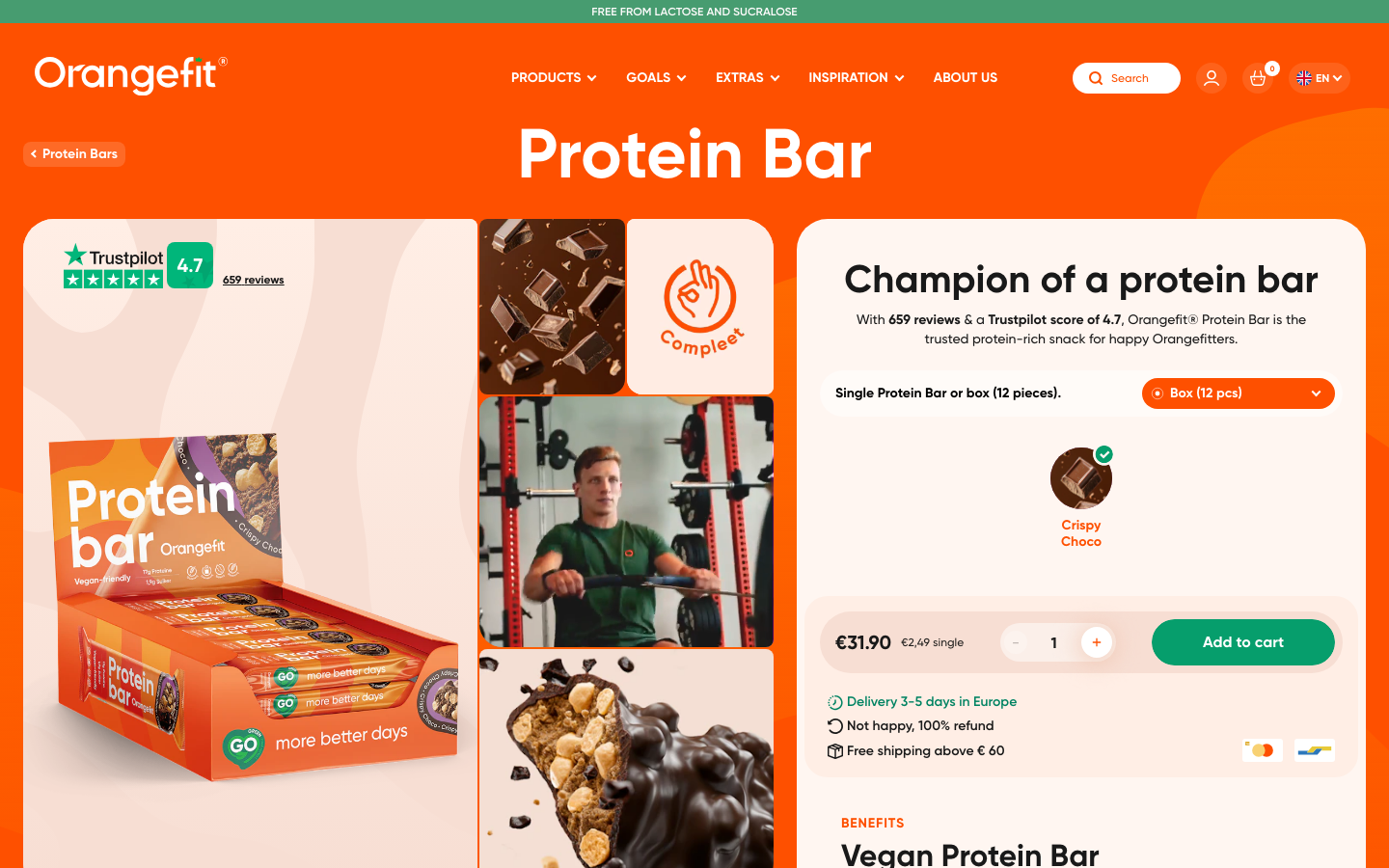 Productpagina van de Orangefit Protein Bar, glutenvrije eiwitreep