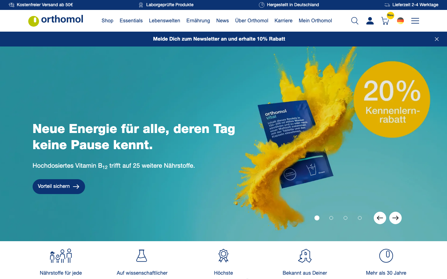 Startseite von Orthomol mit dem Mikronährstoffpräparat Orthomol Vital
