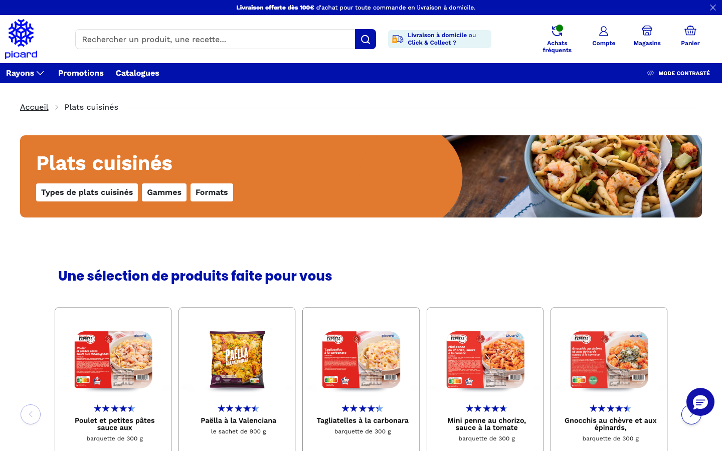 Page Plats cuisinés du site Picard avec livraison offerte dès 100 euros et une sélection de produits avec Nutri-Score