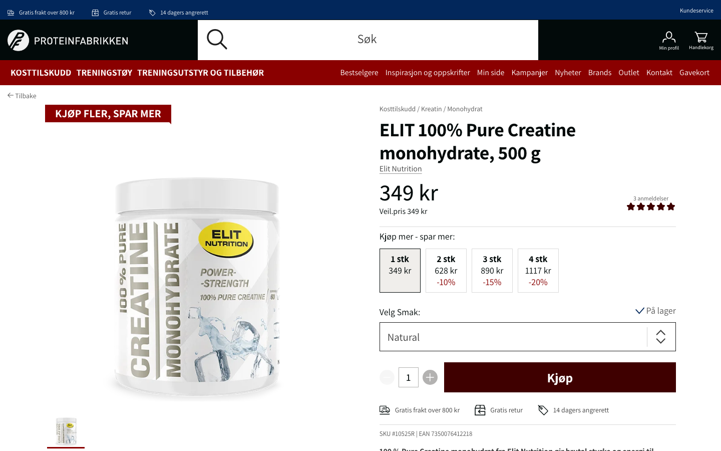 Skjermbilde av Proteinfabrikken ELIT 100 Pure Kreatin Monohydrat produktside