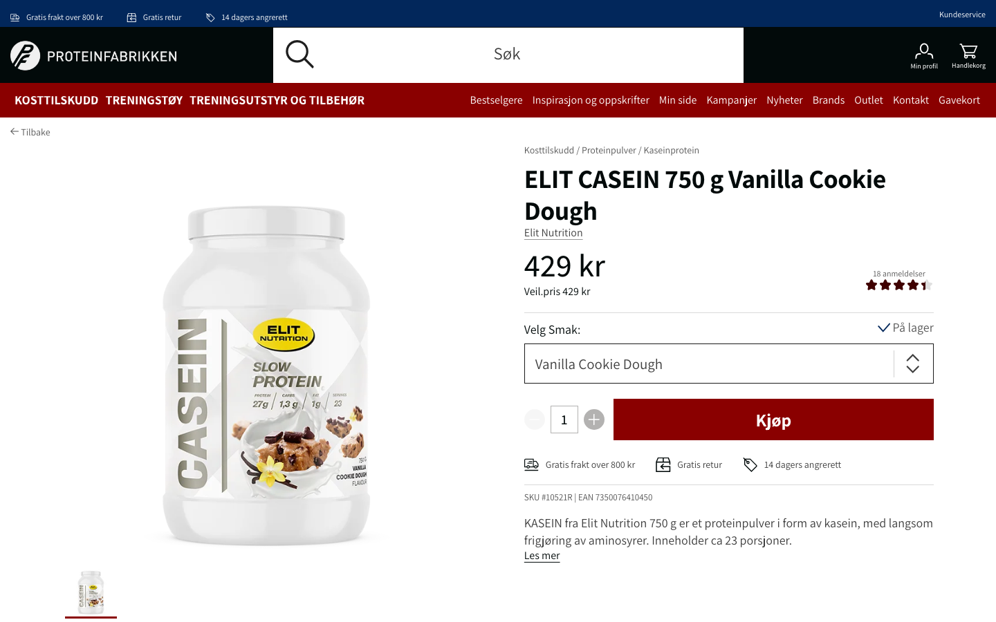 Proteinfabrikken ELIT KASEIN 750 g produktside
