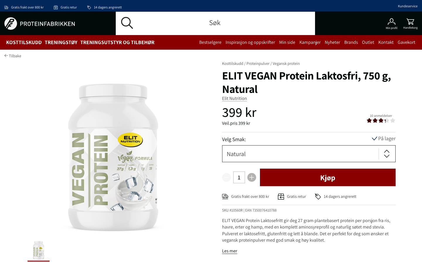 ELIT VEGAN Protein Laktosefri 750 g produktside hos Proteinfabrikken.no, pris 399 kroner