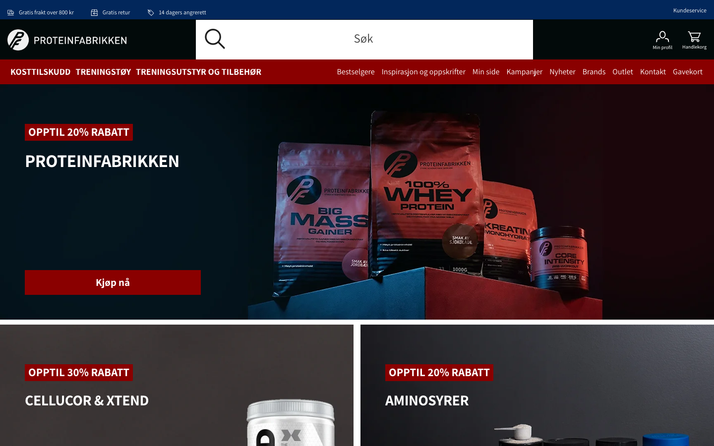 Proteinfabrikken.no nettbutikk forside med proteinpulver