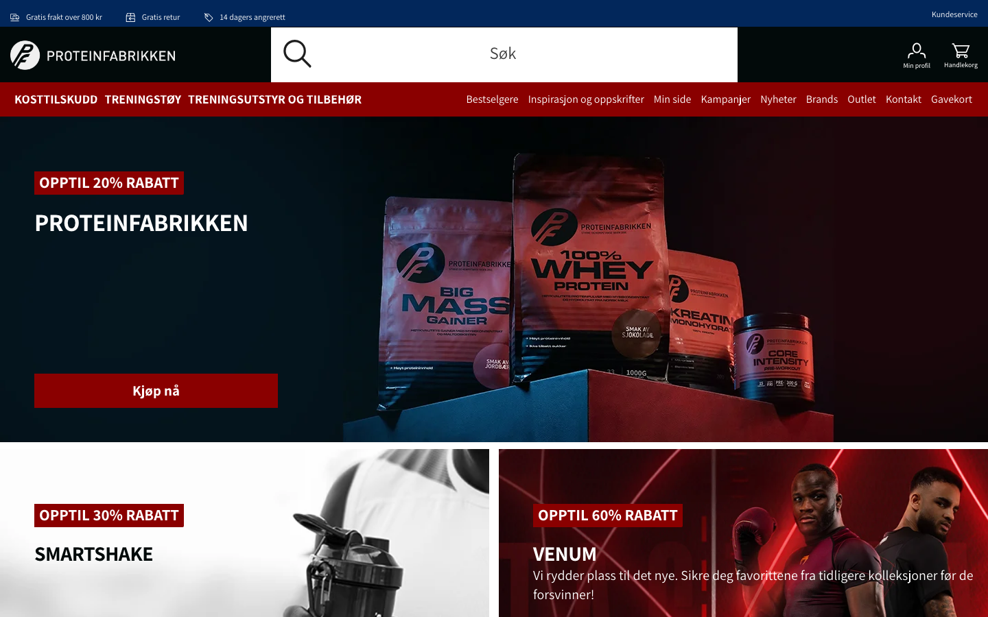 Proteinfabrikken.no forside med Core Intensity pre-workout produkt