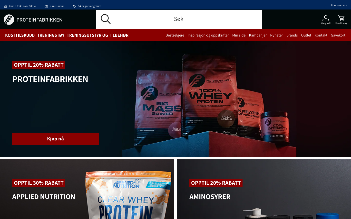 Proteinfabrikkens forside med gratis frakt og aktive kampanjer