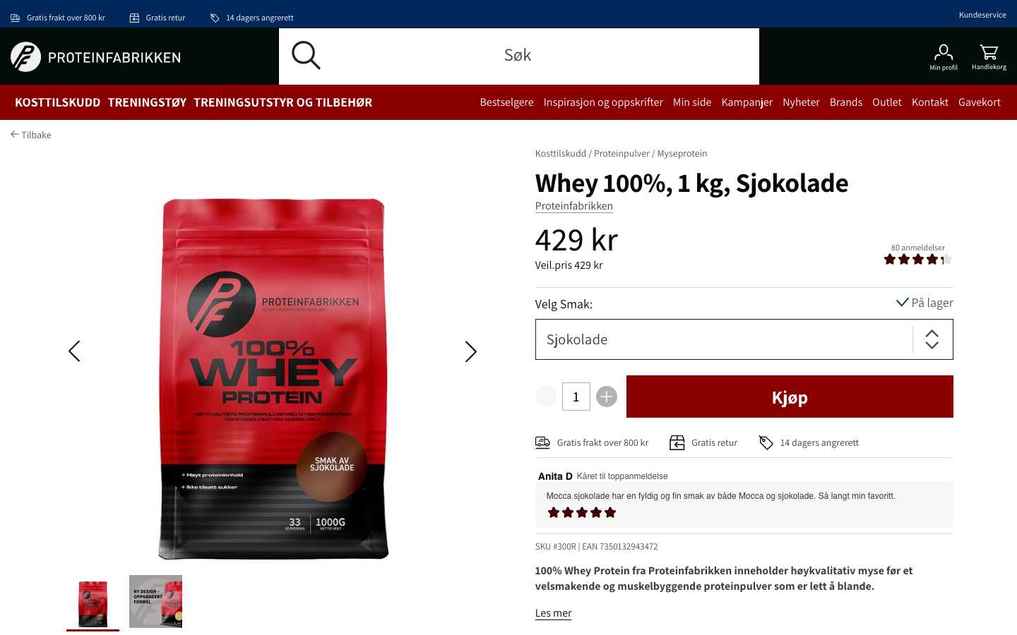 Proteinfabrikken Whey 100 Sjokolade 1 kg produktside hos Proteinfabrikken.no