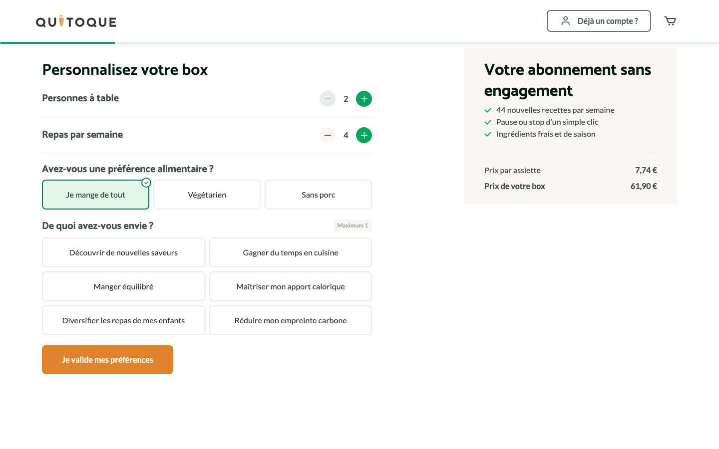 Capture d'écran du configurateur officiel quitoque.fr affichant 7,74 euros par assiette et 61,90 euros pour une box de 2 personnes et 4 repas par semaine