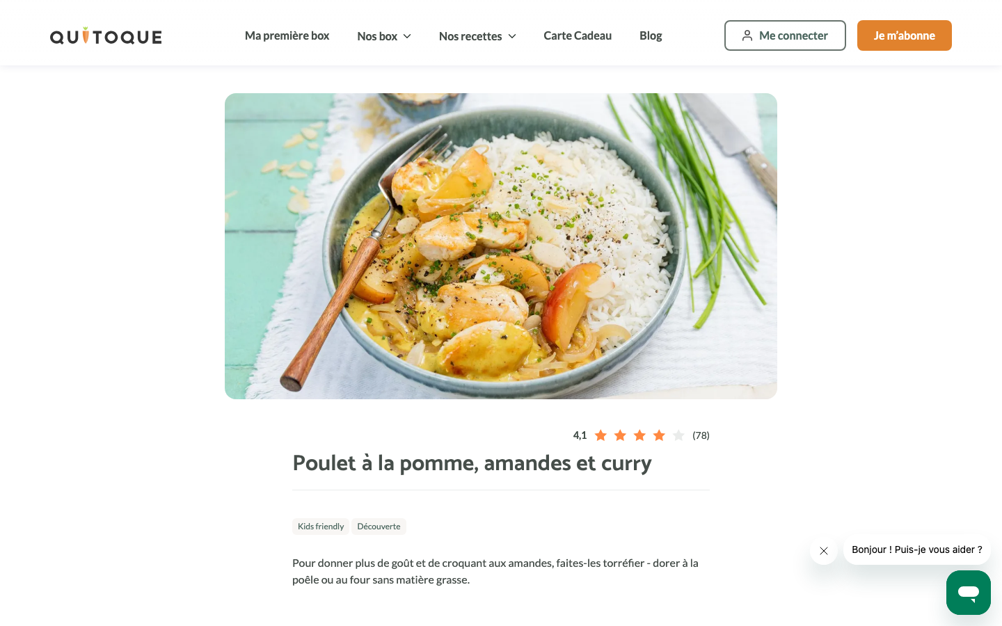 Capture d'écran de la fiche recette Poulet à la pomme, amandes et curry sur quitoque.fr, notée 4,1 sur 5 pour 78 avis