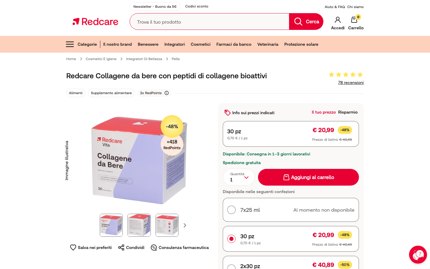 Pagina prodotto Redcare Collagene da bere su redcare.it