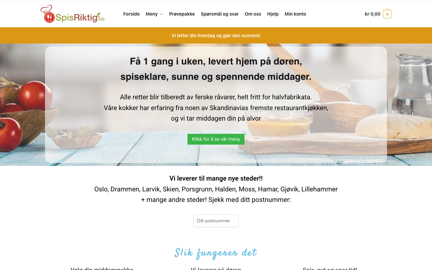 Skjermbilde av Spisriktig sin nettside, leverandøren med egen navngitt Lavkarbo-meny i Norge