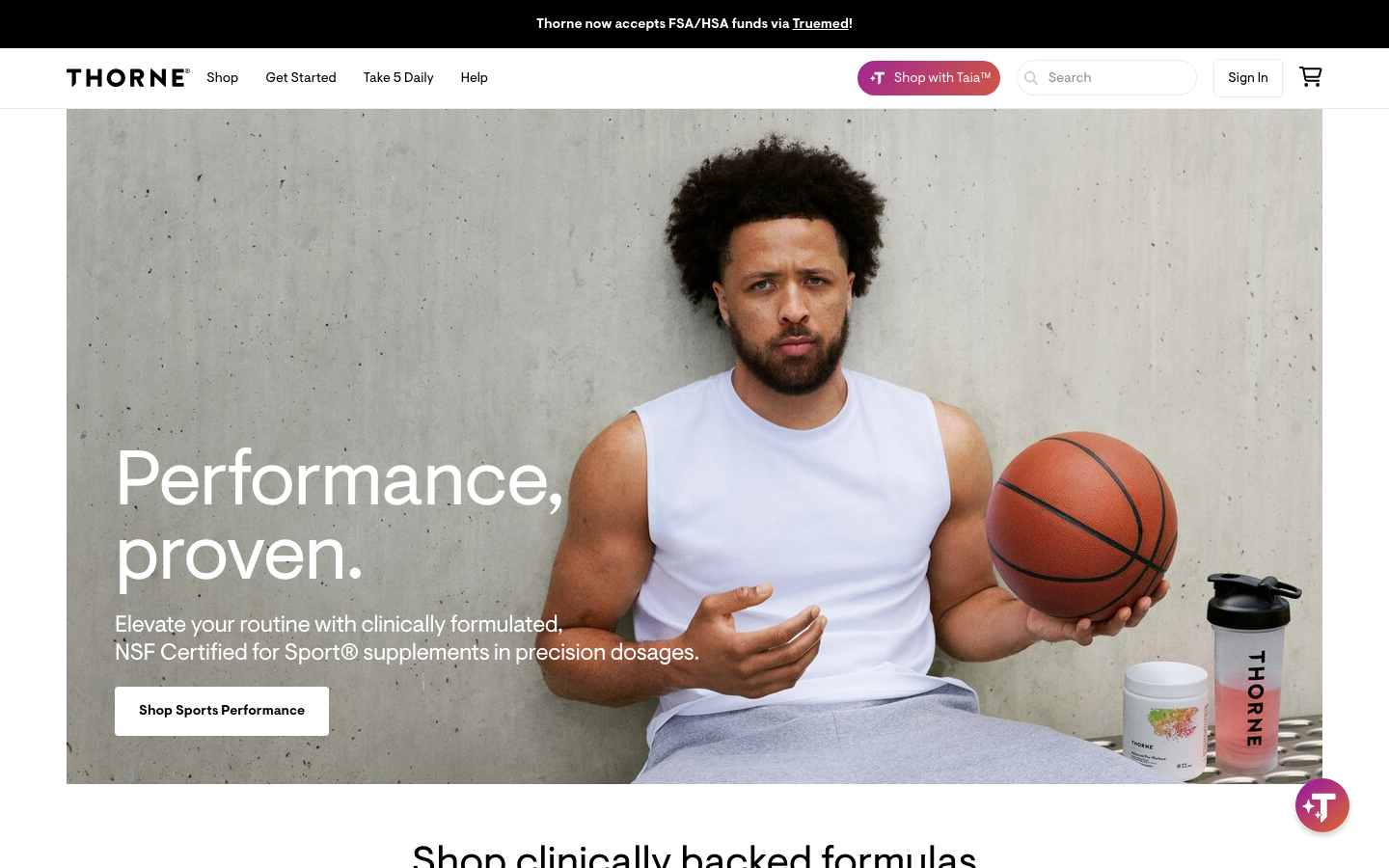 Thorne homepage showing its NSF Certified for Sport supplement line