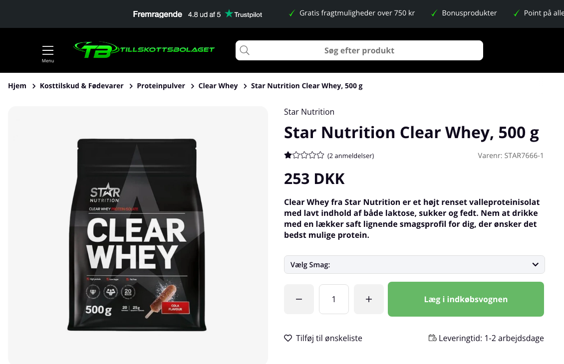 Star Nutrition Clear Whey produktside hos Tillskottsbolaget.dk