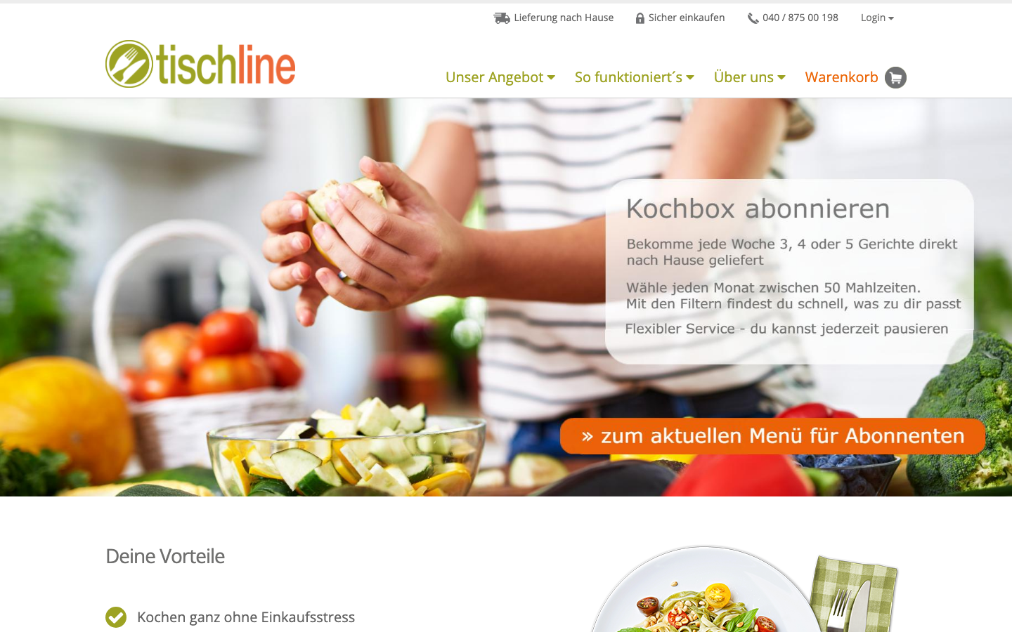 Startseite von Tischline mit Kochbox-Abo und Bestellungen ohne Abo