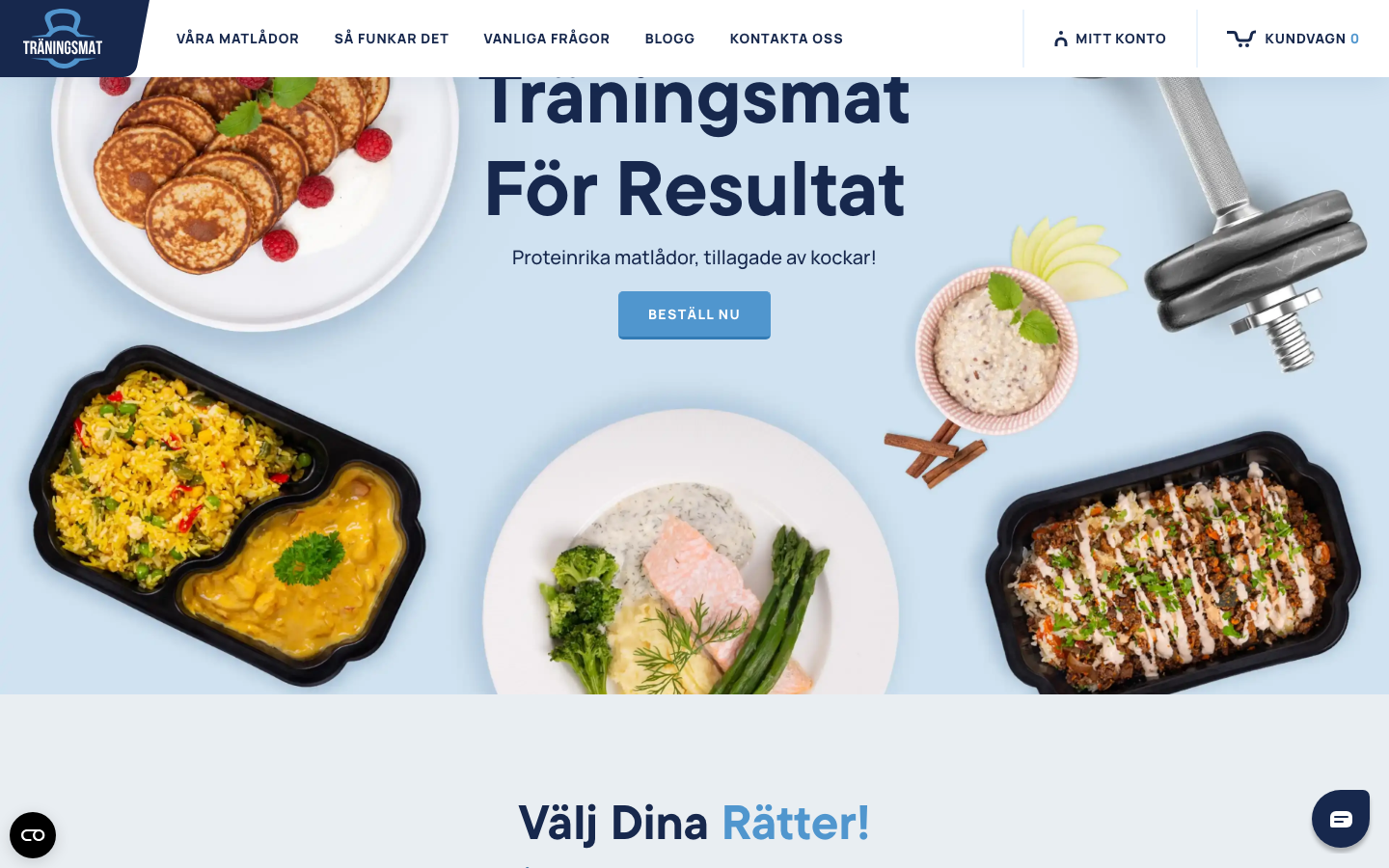 Skärmbild av Träningsmats startsida med menykategorier