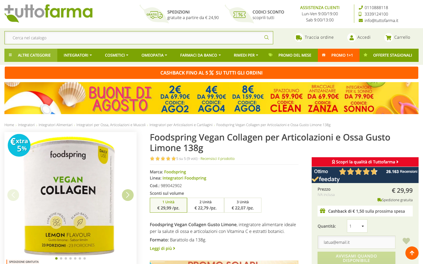 Pagina prodotto Foodspring Vegan Collagen su tuttofarma.it