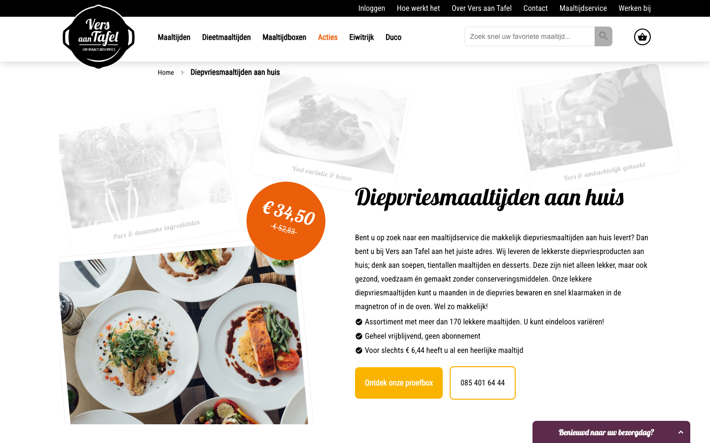 Screenshot van de Vers aan Tafel diepvriesmaaltijden-pagina met proefpakketprijs en belangrijkste voordelen