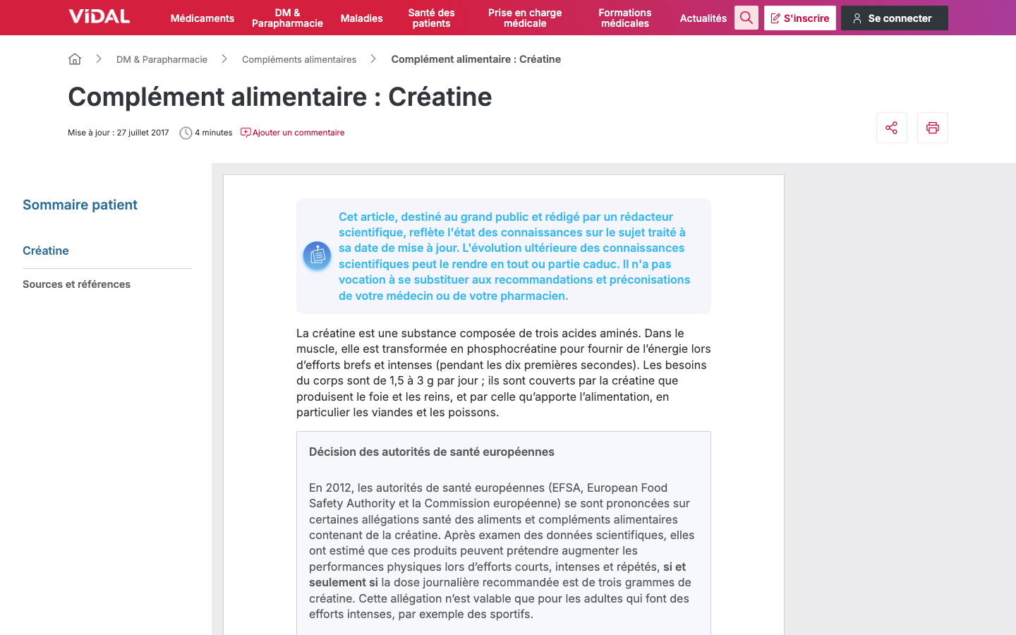Page Vidal.fr sur la creatine, source de l'allegation EFSA citee dans cet article