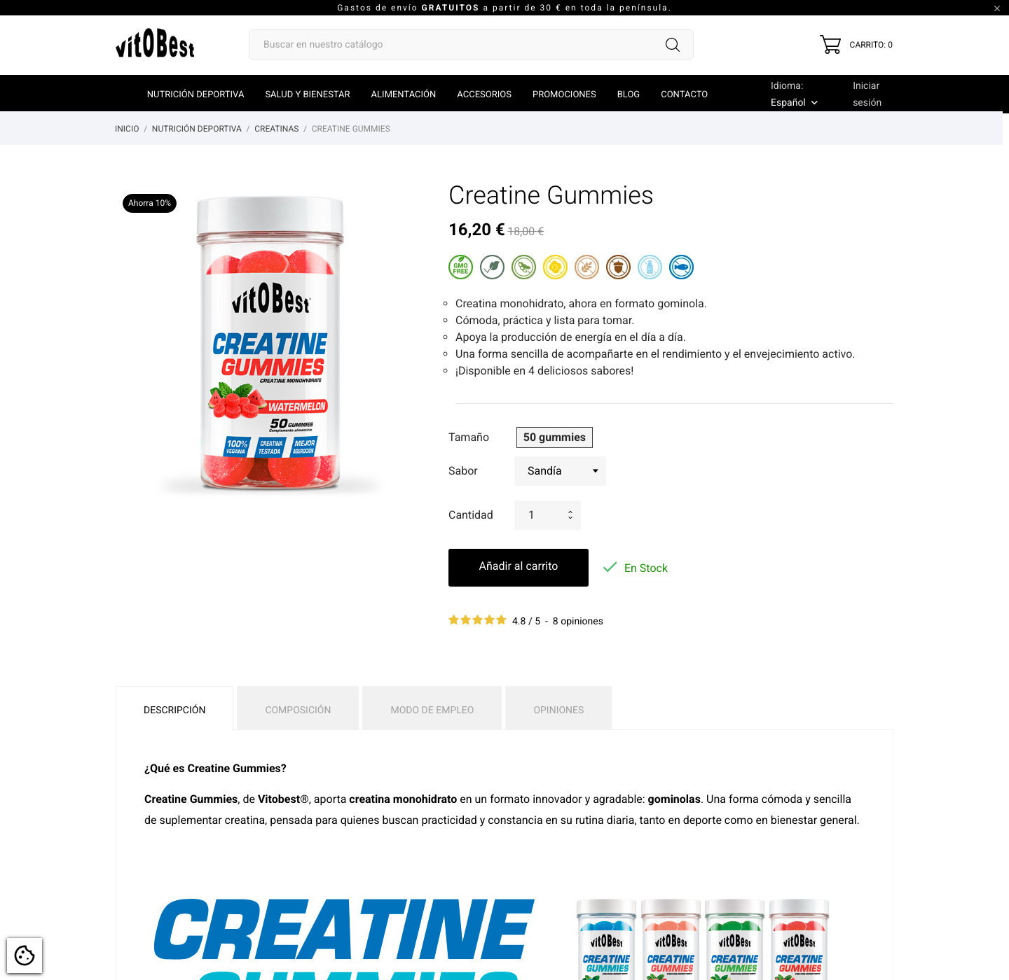 Ficha de producto de Vitobest Creatine Gummies, gominolas de creatina, en la web de Vitobest
