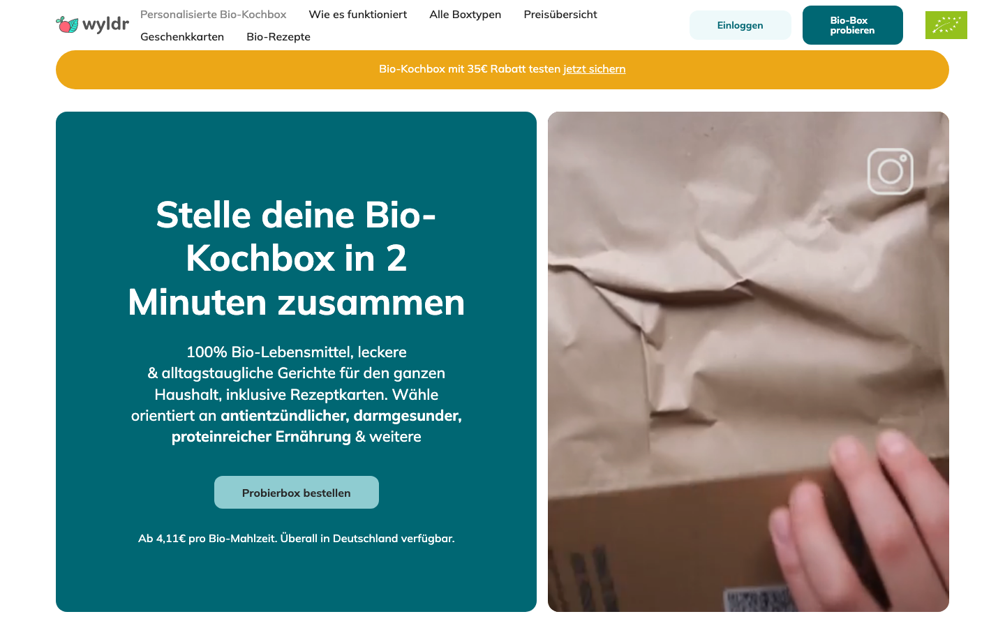 Startseite von wyldr mit personalisierter Bio-Kochbox
