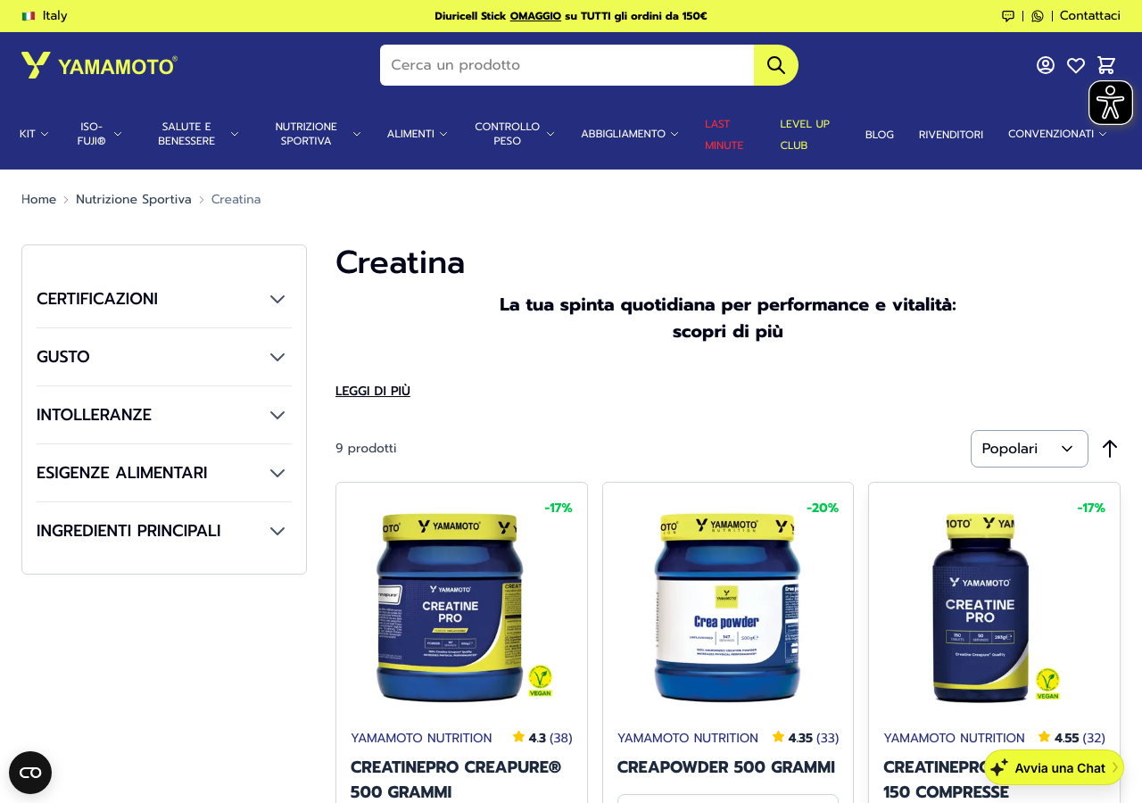 Screenshot della pagina Creatina su yamamotonutrition.com