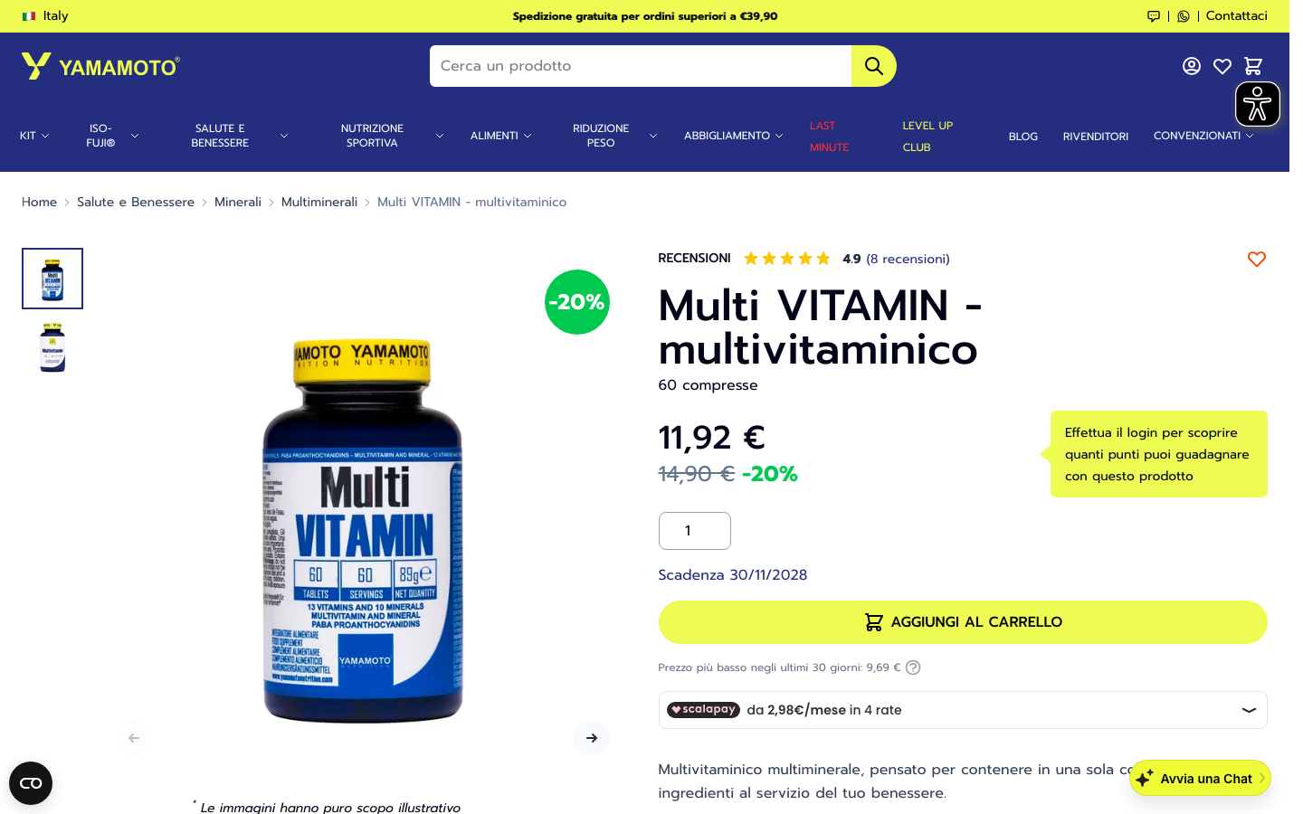 Pagina prodotto Yamamoto Nutrition Multi VITAMIN sul sito ufficiale yamamotonutrition.com, prezzo 11,92 euro