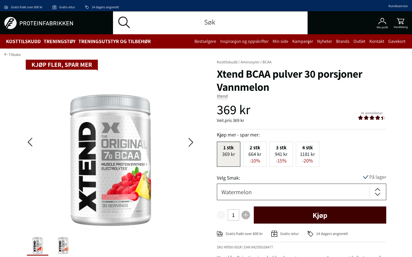 Skjermbilde av Xtend BCAA-produktside hos Proteinfabrikken.no med pris og porsjonsinformasjon