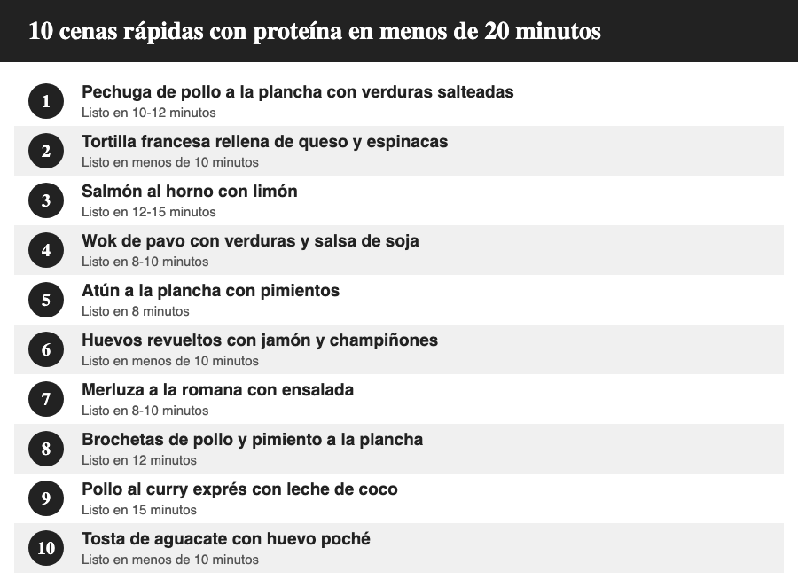 Tarjetas numeradas con 10 cenas rápidas con proteína listas en menos de 20 minutos.