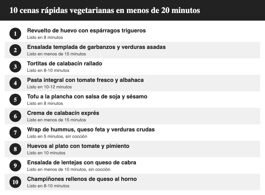 Tarjetas numeradas con 10 cenas rápidas vegetarianas listas en menos de 20 minutos.