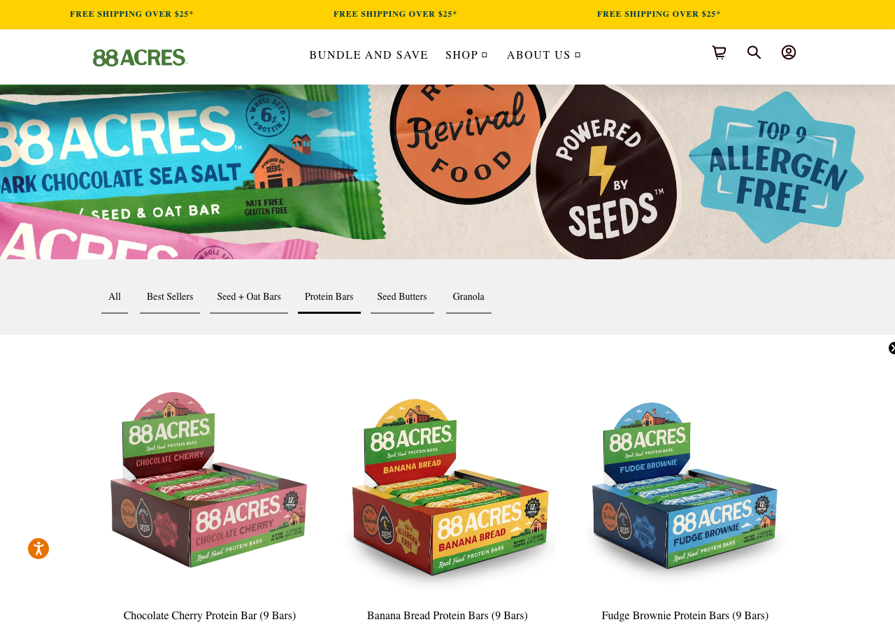 88 Acres protein bar product grid showing Chocolate Cherry, Banana Bread, and Fudge Brownie flavors