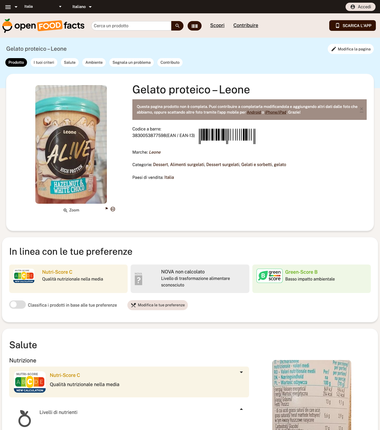 Scheda Open Food Facts di AL!VE Gelato Proteico Leone, gusto nocciola e cioccolato bianco, con etichetta nutrizionale: 204 kcal e 11 g di proteine per 100 g