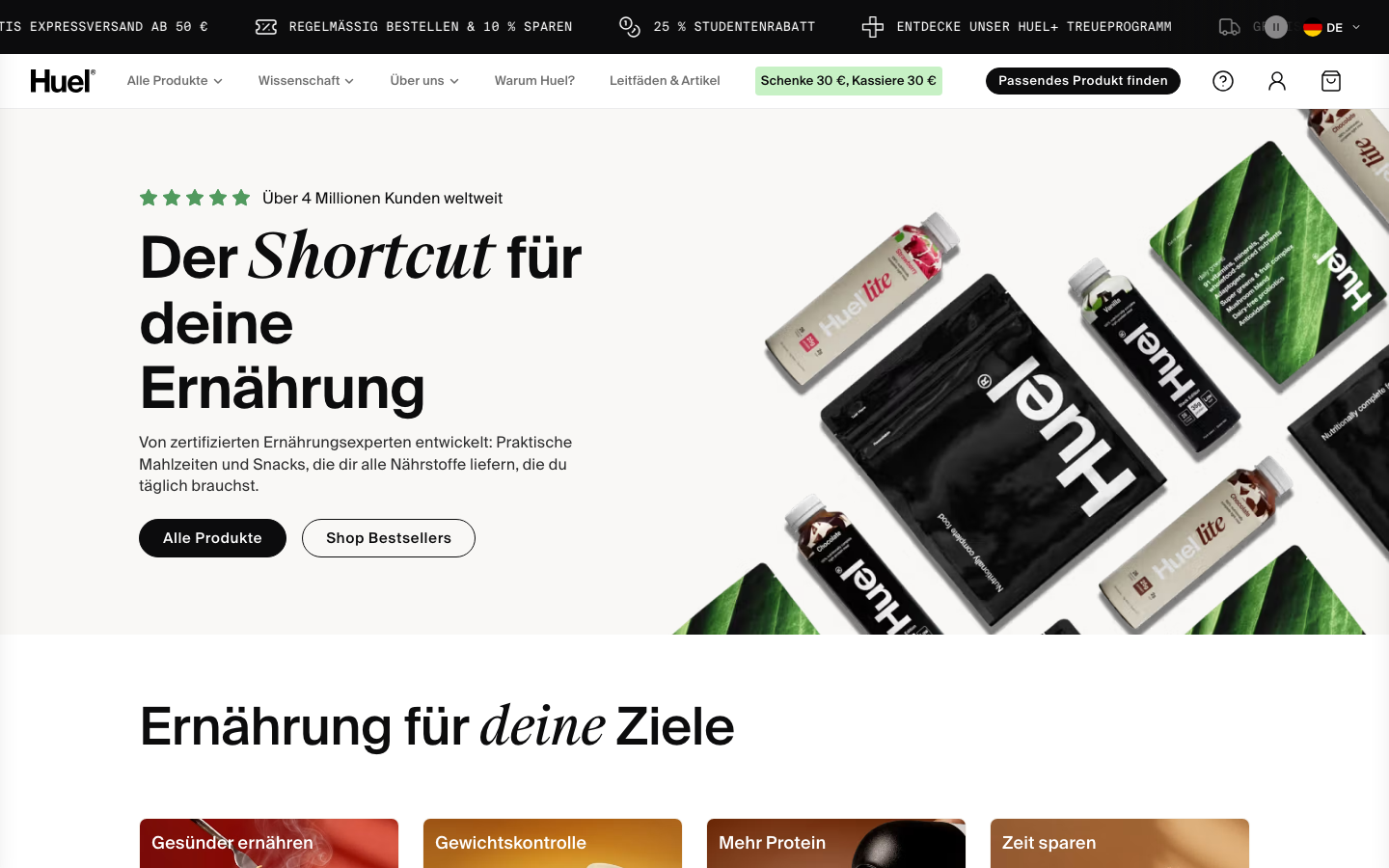 Startseite von Huel mit veganen Ready-to-drink-Trinkmahlzeiten.