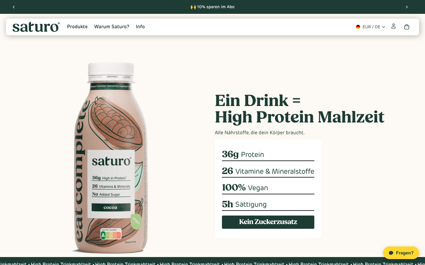 Startseite von Saturo mit Ready-to-drink- und Pulver-Trinkmahlzeiten.